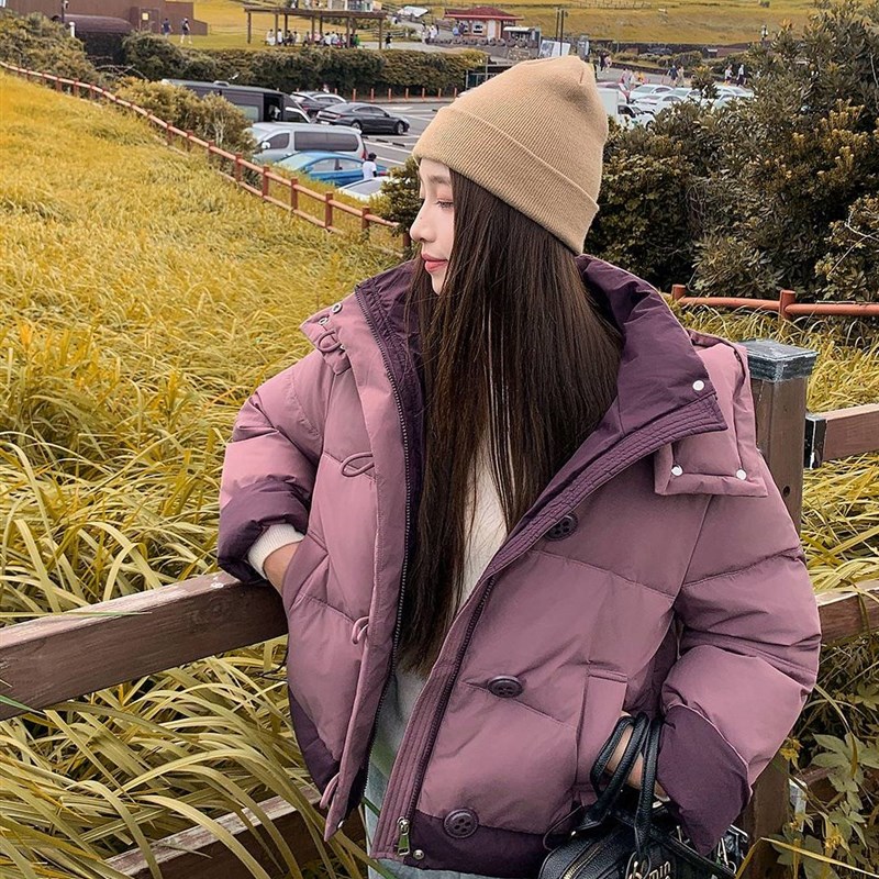 2025冬季韩版连帽棉服女短款撞色羽绒棉衣设计感宽松加厚保暖外套