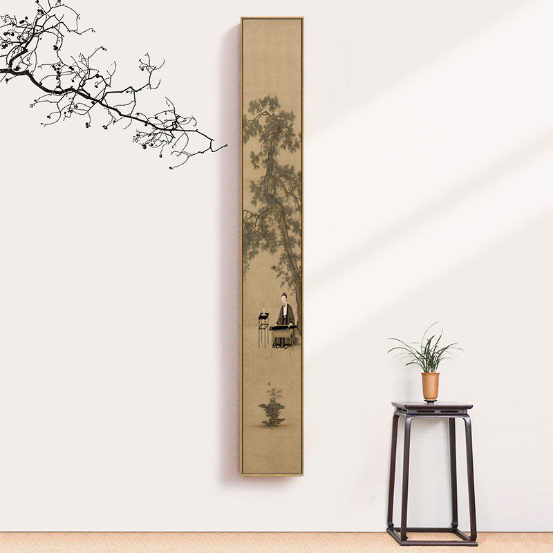 听琴图新中式装饰画客厅茶室背景墙壁画书房玄关挂画长条竖版餐厅