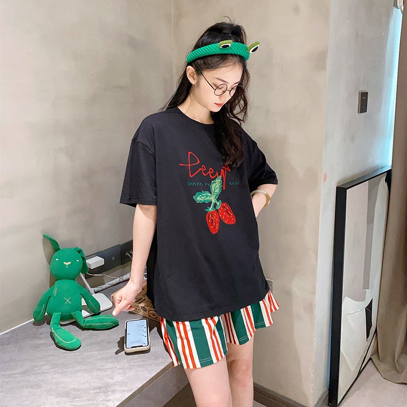 草莓印花短袖短裤睡衣女夏宽松大码休闲可外穿甜美韩版家居服薄款