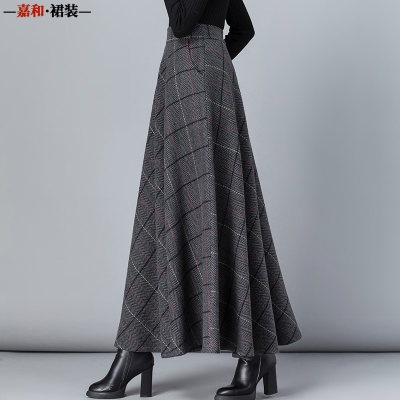 2025秋冬毛呢格子半身裙女百搭高腰A字裙中长款加厚显瘦大码长裙