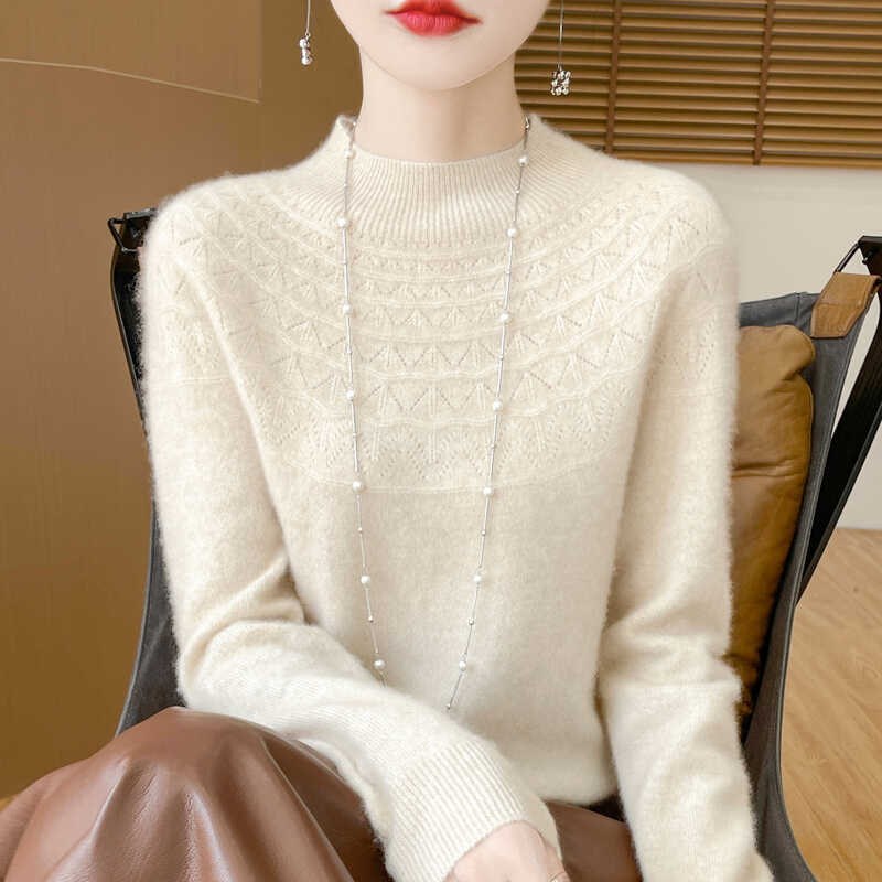 秋冬100%羊绒衫女一线成衣半高领镂空钩花针织毛衣宽松羊毛衫打底