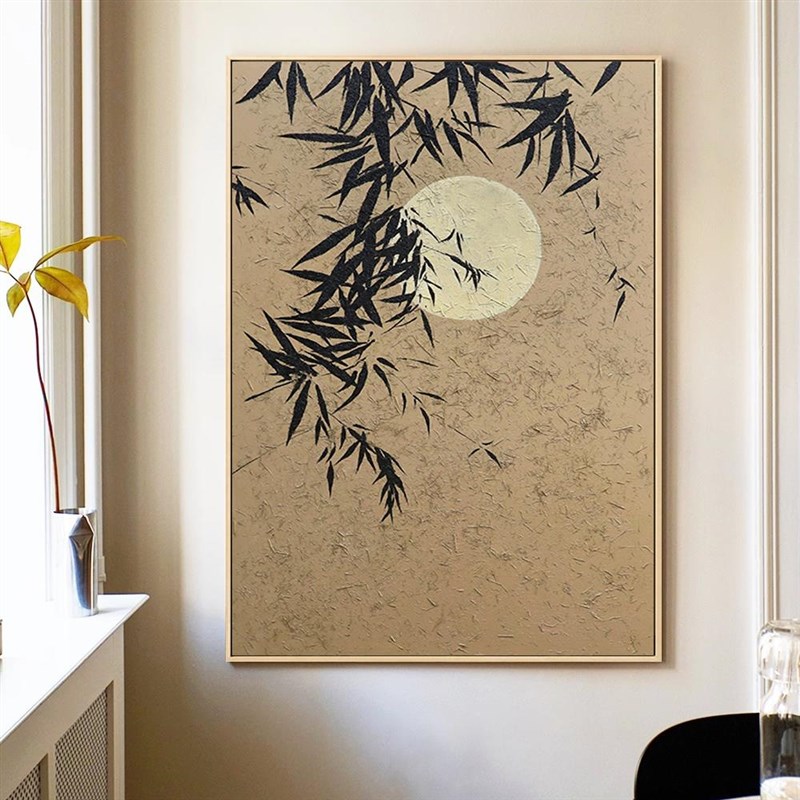 新中式挂画《竹月》客厅玄关肌理日式油画国风月亮竹子装饰画摆画
