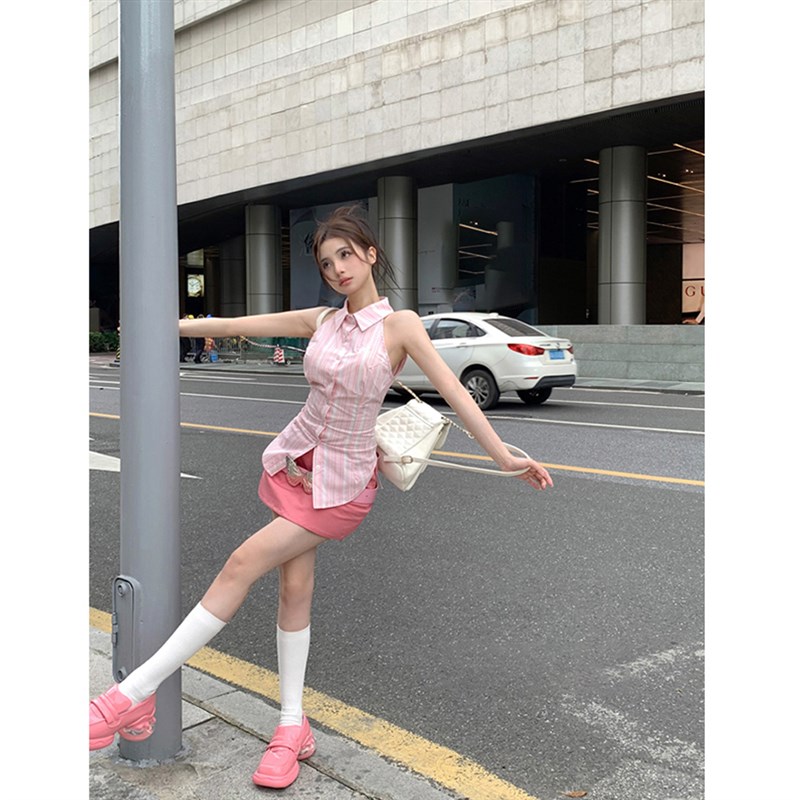 高级感辣妹收腰系带粉色条纹背心女春季高腰包臀半身裙两件套装女