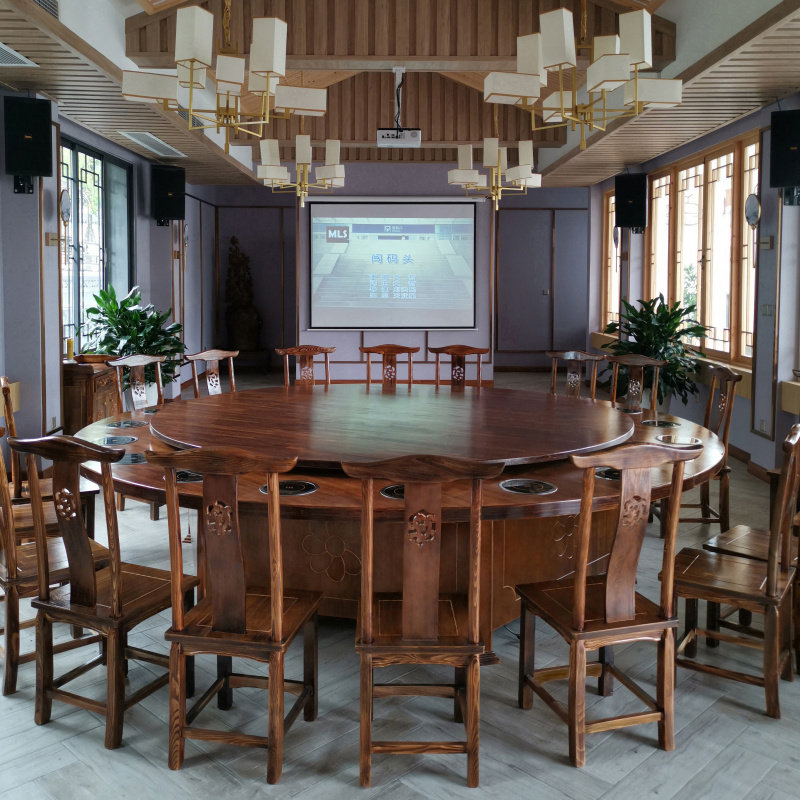 酒店电动餐桌大圆桌转盘新中式实木E餐桌椅组合餐厅包厢圆桌宴会