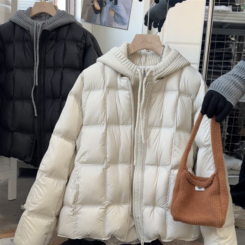 针织连帽泡芙羽绒服女韩版2025新款设计感假两件宽松保暖加厚外套
