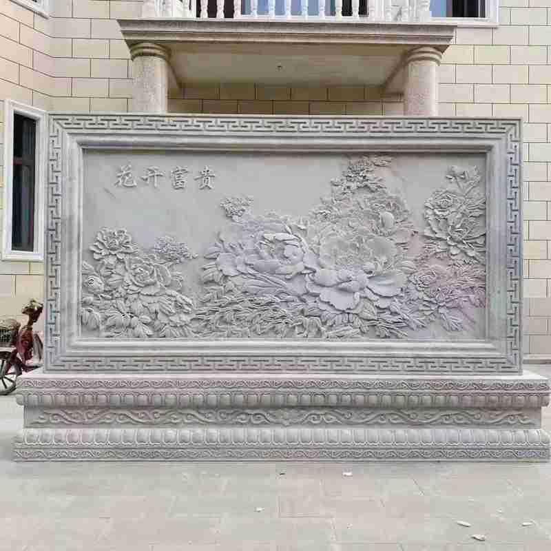 雕壁画墙厂家货汉白玉石浮雕20240705地雕梅兰竹现菊花草人物屏风