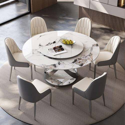 奢岩板餐桌式椅组合简约现盘代超晶石圆桌意圆轻形OQQ带转桌子