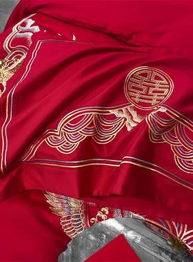 档床龙凤刺绣全棉结婚四件套大红色床PMA高套单被磨绒婚庆喜被上