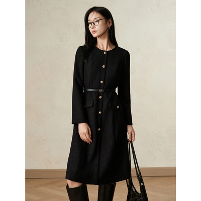 【锦华】玖姿安娜蔻优雅时尚肌理收腰聚会连衣裙小黑裙女冬季款