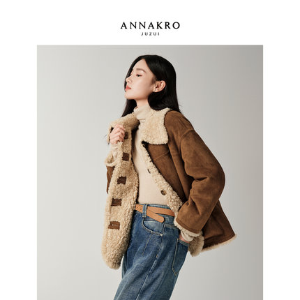 玖姿安娜蔻慵懒巴恩拼接翻领正反两穿猎装夹克外套女2025冬季新款