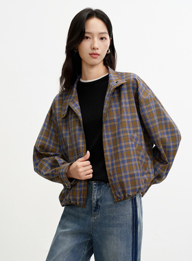 JUZUI玖姿松弛时尚立领落肩休闲格纹外套女2026春季新款JLGC40501