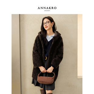 玖姿安娜蔻美拉德100羊毛颗粒绒连帽泰迪大衣外套女2025冬季新款