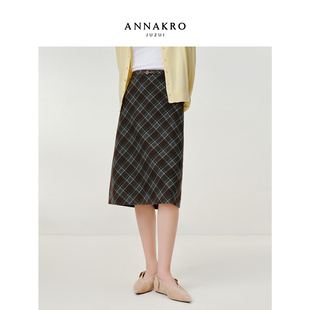 玖姿安娜蔻miu系学院风复古格纹A字中长半身裙女2025秋季新款