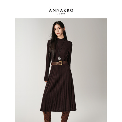 玖姿安娜蔻极简静奢风半高领全羊毛长袖针织连衣裙女2025冬季新款