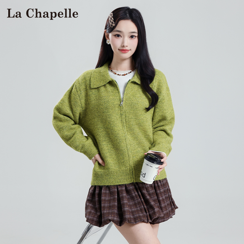 拉夏贝尔绿色翻领针织开衫女秋冬