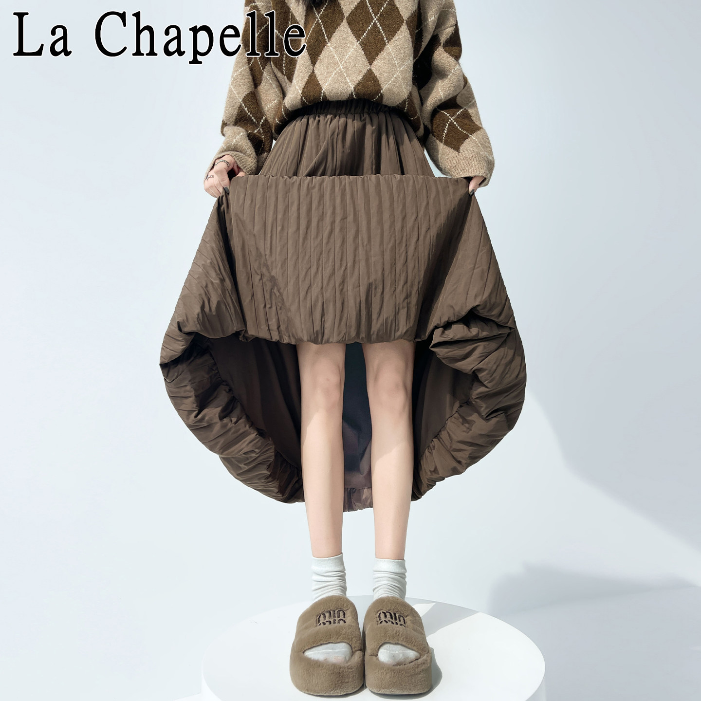 拉夏贝尔咖色夹棉花苞半身裙女秋冬加厚保暖高腰显瘦A字蓬蓬伞裙,女装/女士精品,半身裙,淘宝优惠券,粉丝福利购,淘宝优惠卷