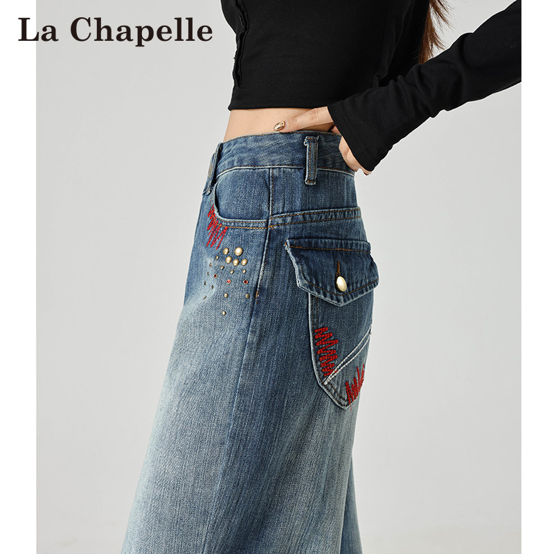 拉夏贝尔复古刺绣阔腿牛仔裤女春秋新款设计感钉珠高腰水洗直筒裤,女装/女士精品,牛仔裤,淘宝优惠券,粉丝福利购,淘宝优惠卷