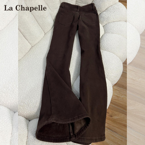 拉夏贝尔美式咖色加绒微喇牛仔裤