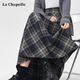 拉夏贝尔复古毛呢格纹半身裙女秋冬新款 高腰宽松遮胯中长款 a字裙