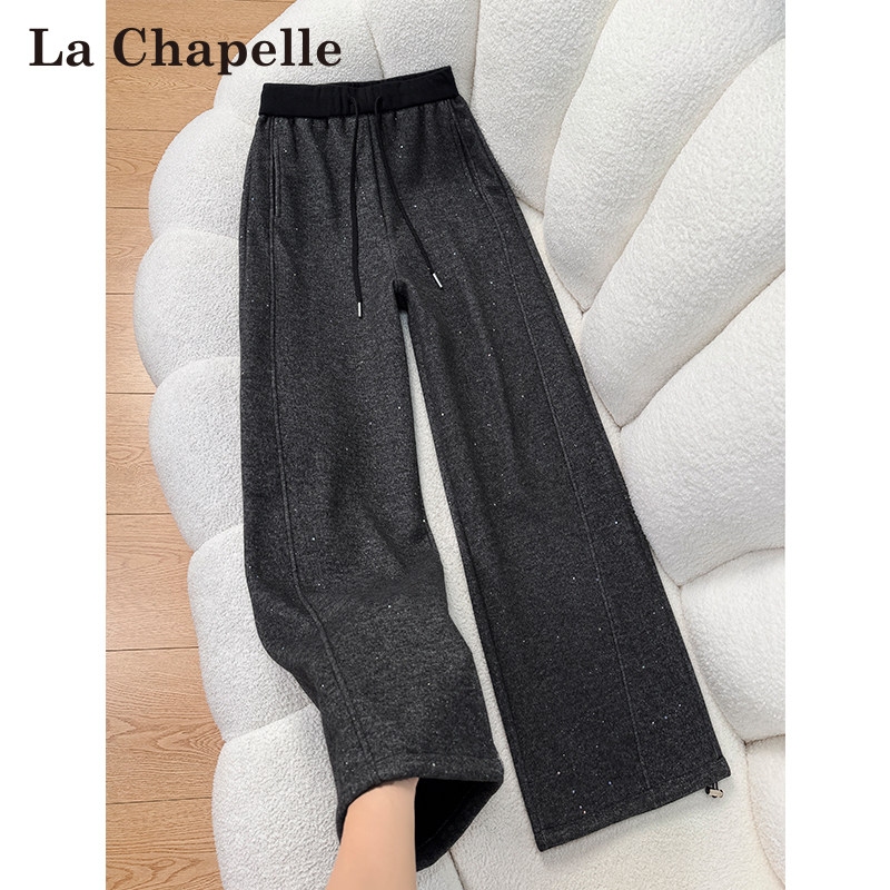 拉夏贝尔灰色亮片毛呢弯刀裤女春秋冬高腰休闲加绒加厚香蕉阔腿裤,女装/女士精品,休闲裤,淘宝优惠券,粉丝福利购,淘宝优惠卷