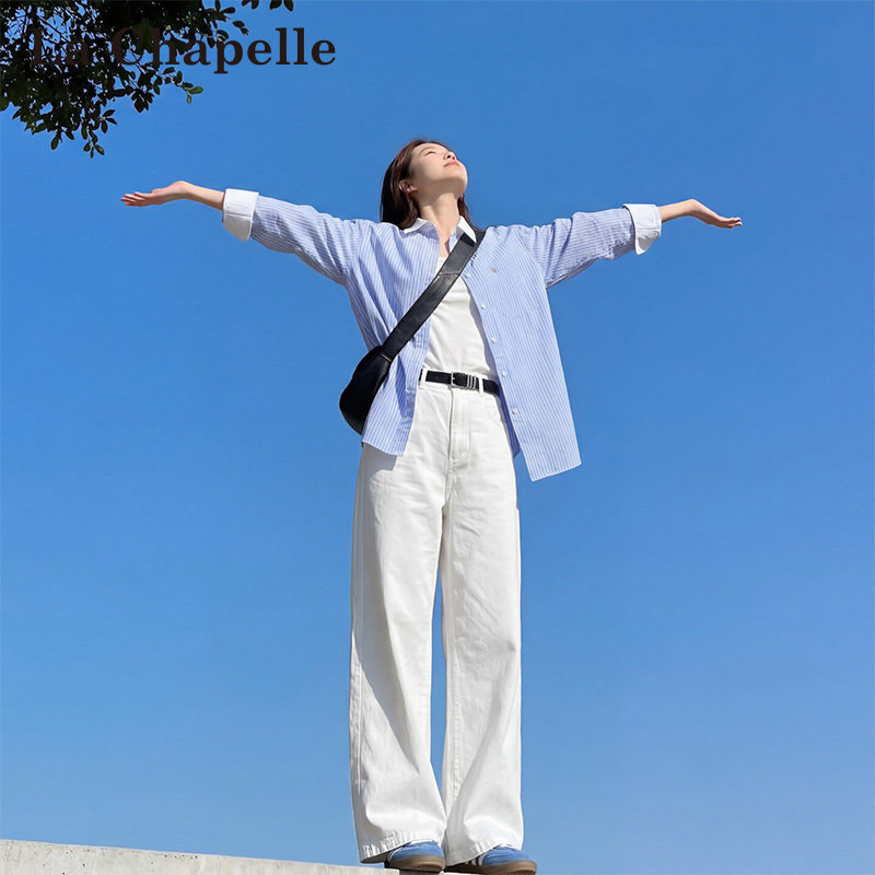 拉夏贝尔巨好看白色阔腿牛仔裤女春夏2026新款高腰显瘦窄版直筒裤
