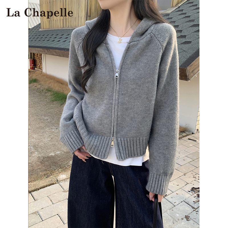 拉夏贝尔韩系灰色双拉链针织衫女