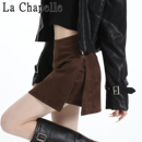 侧拉链开叉辣妹风包臀短裙裤 拉夏贝尔美式 鹿皮绒半身裙女秋冬新款