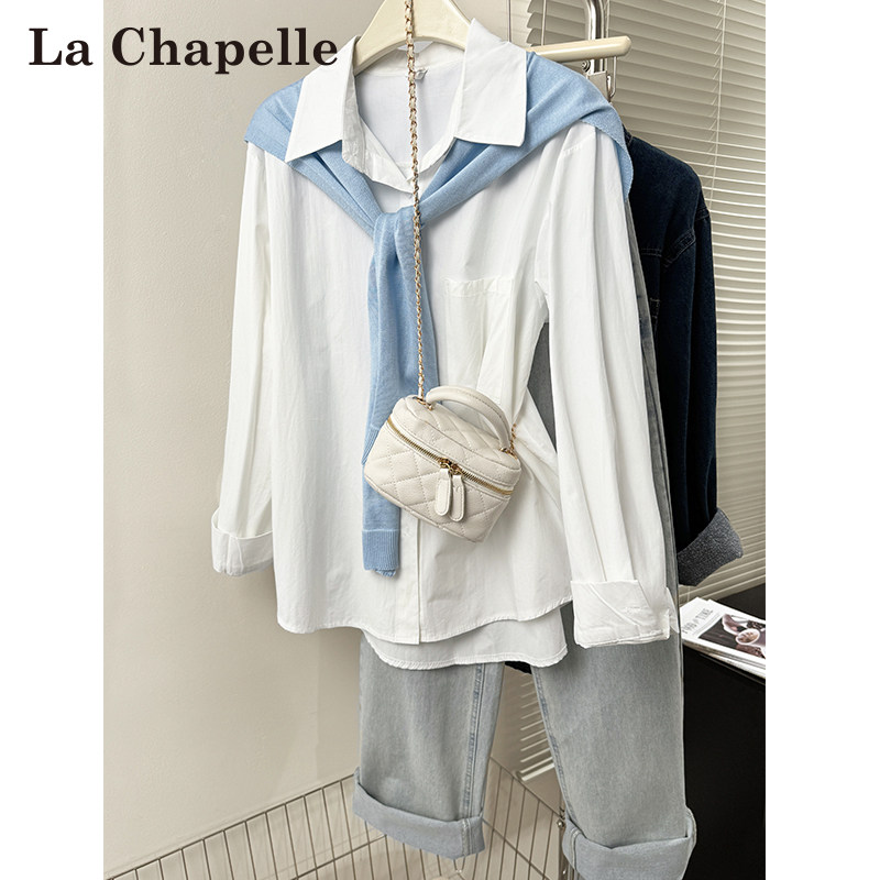拉夏贝尔白色披肩长袖衬衫女春秋季新款学院风宽松设计感叠穿上衣