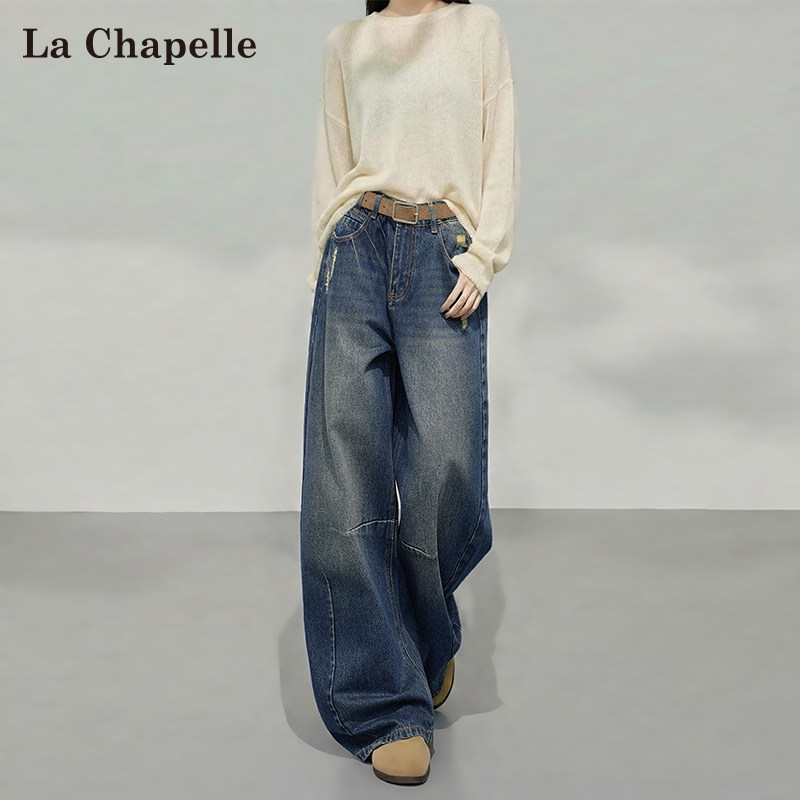 拉夏贝尔美式复古弯刀牛仔裤女秋冬2025新款加绒加厚设计感阔腿裤