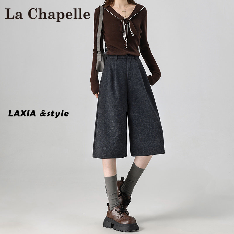 拉夏贝尔灰色七分毛呢阔腿裤女秋