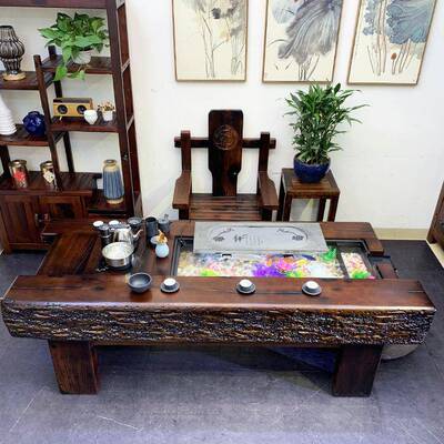 老循船夫木茶桌椅组合环流水养6001鱼茶台中式实木茶功泡桌鱼缸茶