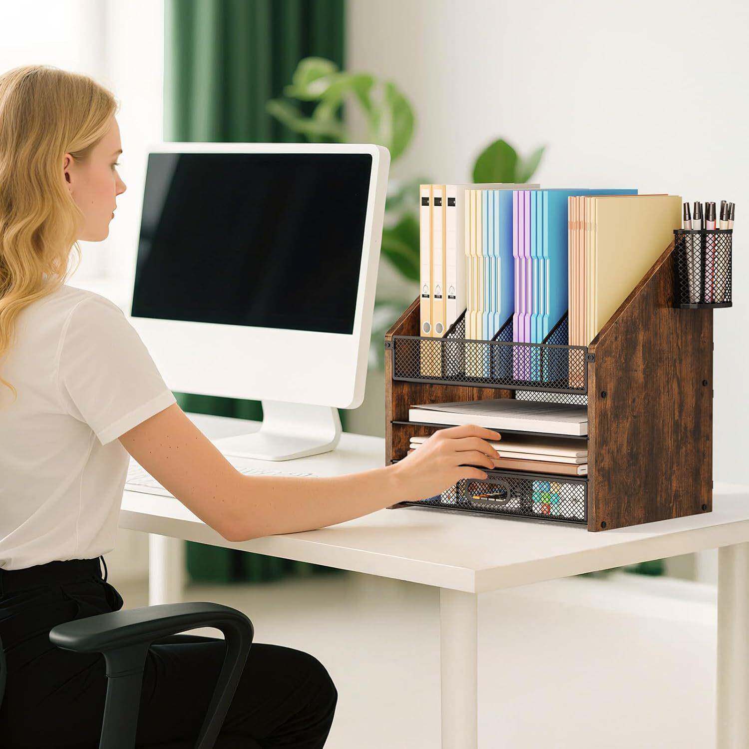 办公桌默认项收置理纳架带抽屉桌管面文件收纳架铁木结合物架