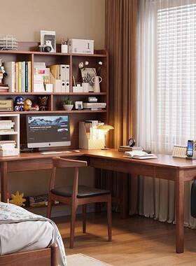 木书桌书架19848学一体桌拐转角靠墙电脑实桌小户型家用卧室角习