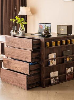 北美胡桃家木岛台餐桌可伸缩黑一体餐厅岩板中74915单岛台用厨房