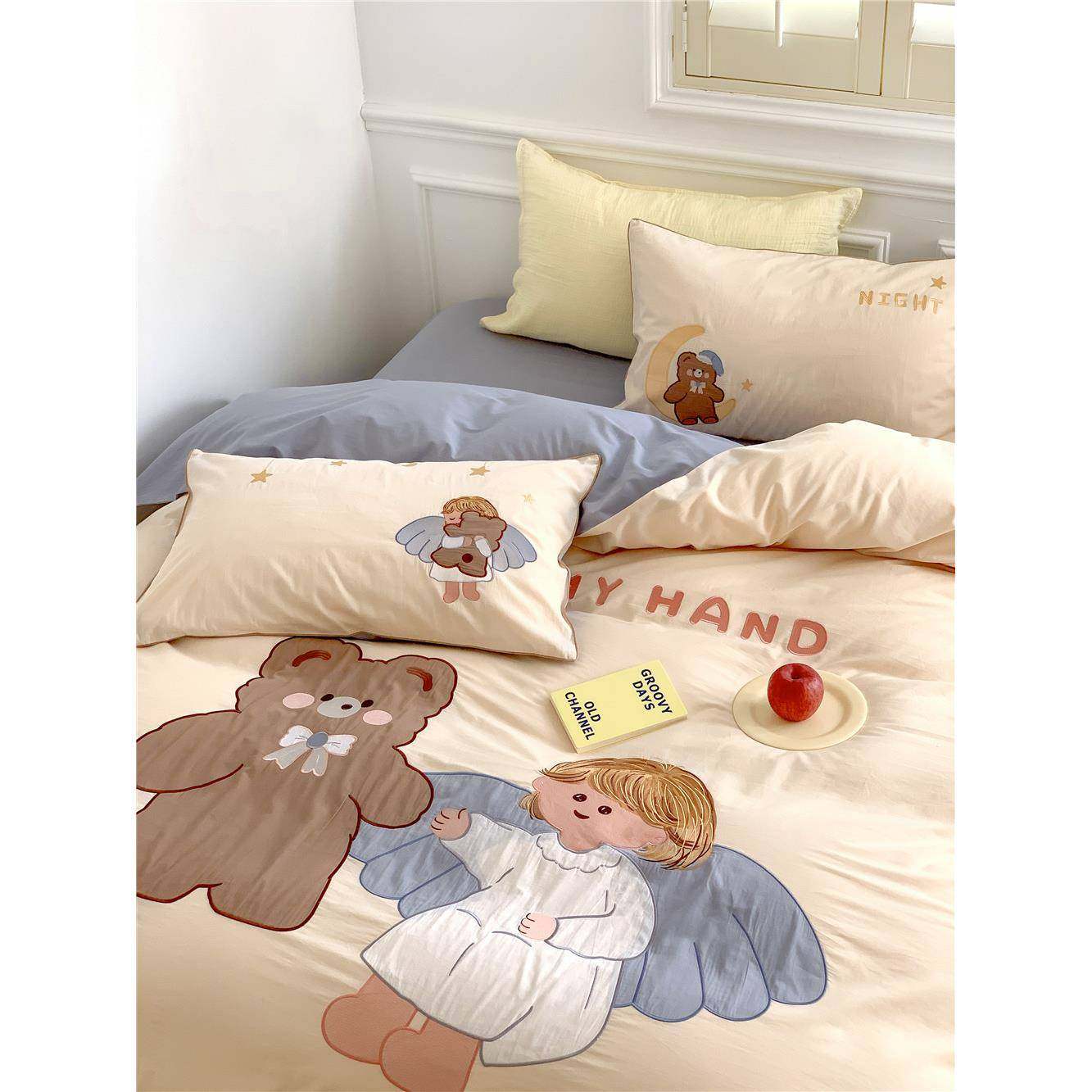 4色0支床儿加FD厚织水洗棉卡通刺绣四件套童纯色花边被套纯棉柔软,床上用品,床品套件/四件套/多件套,淘宝优惠券,粉丝福利购,淘宝优惠卷