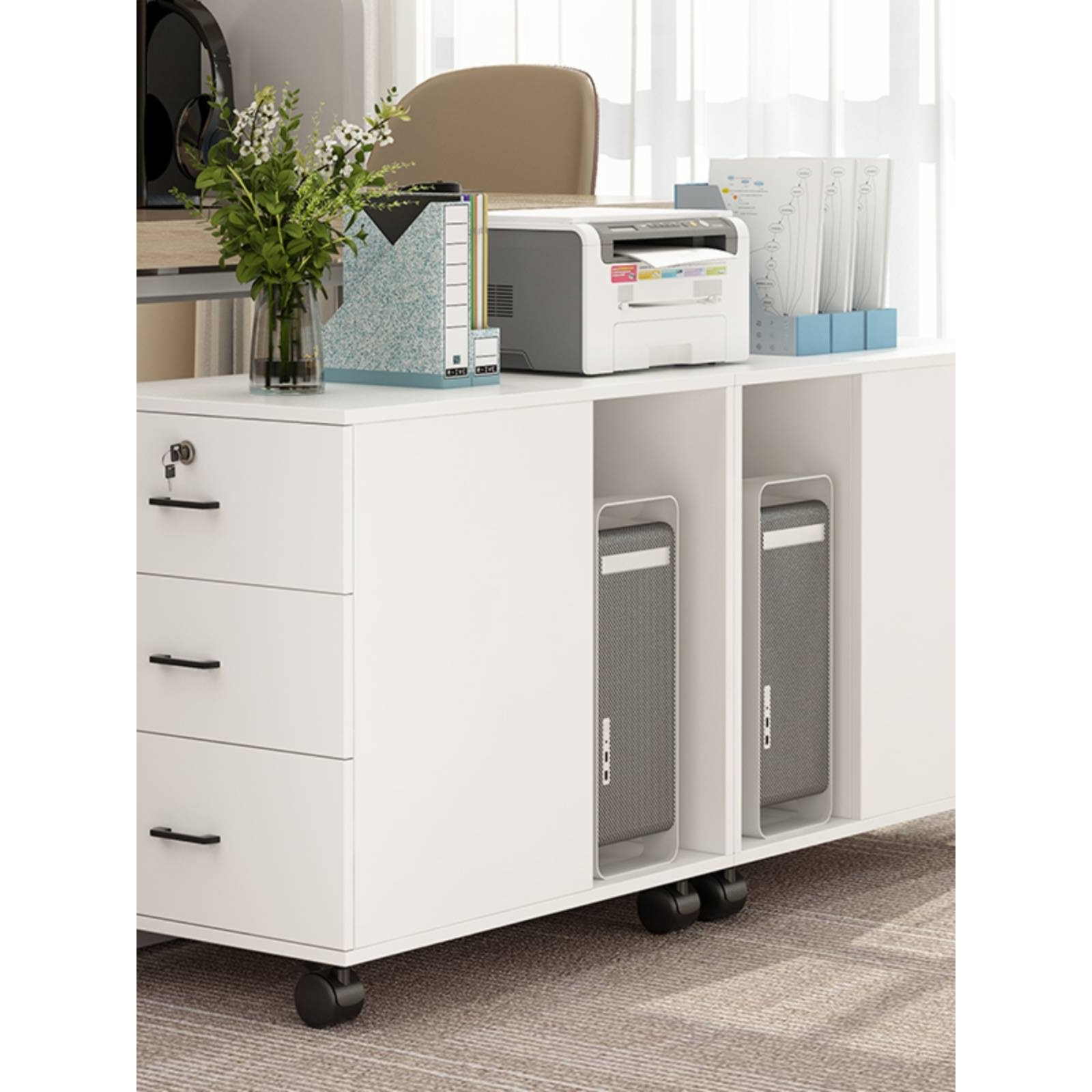 my打印机柜活动电脑主机柜床边收纳柜带滑轮文件柜储物茶水桌边柜
