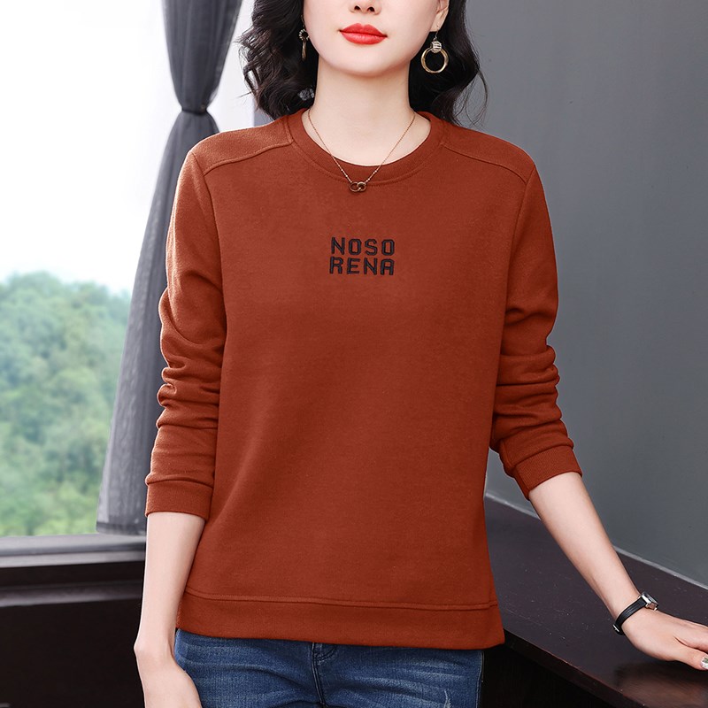 妈妈休闲圆领红色卫衣女春秋装2025新款中老年宽松大码长袖上衣服