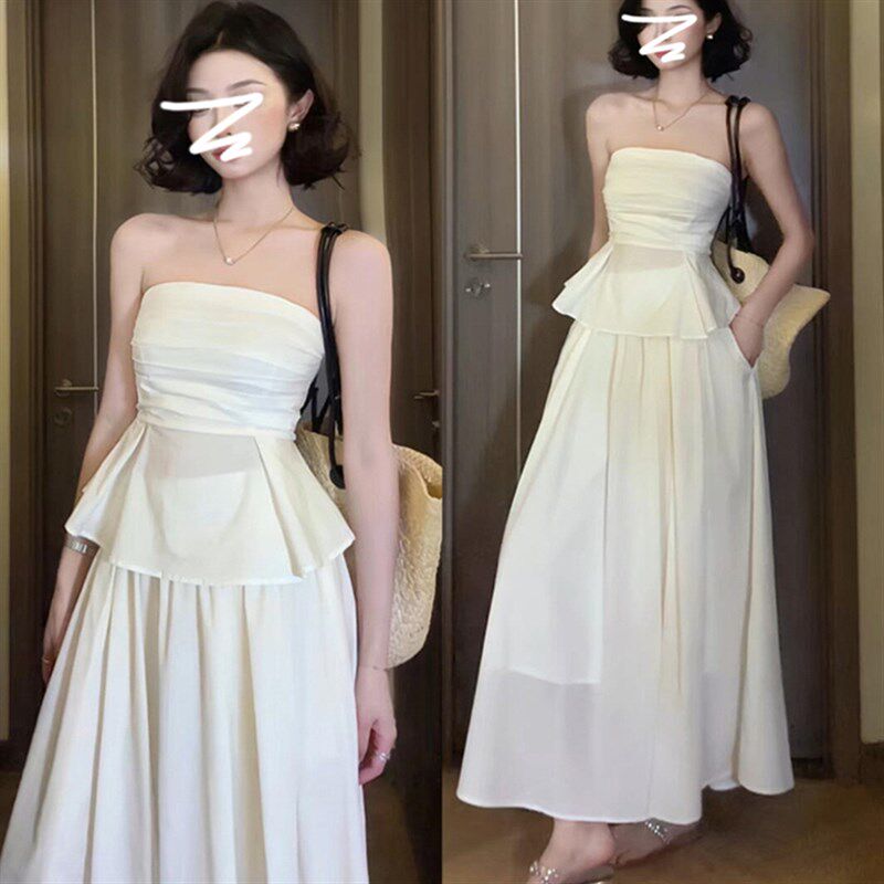 法式一字肩抹胸上衣女夏季新款气质半身裙长裙海边度假两件套装女