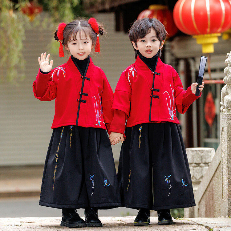 幼儿园汉服秋冬季新款套装中国风加厚唐装拜年服儿 童元旦演出服