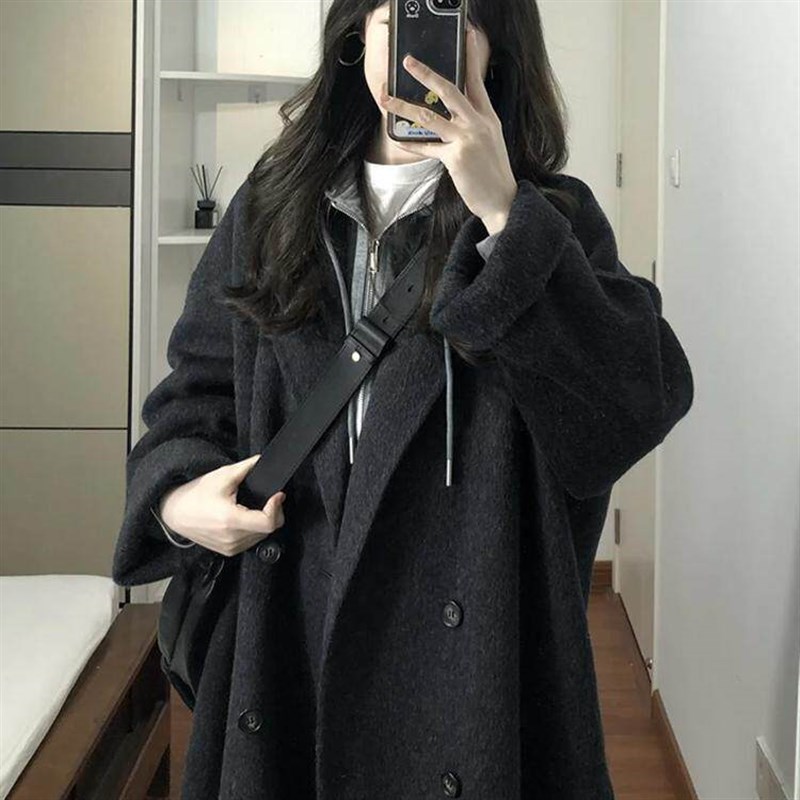 黑色双面羊绒大衣女2024秋冬新款小个子中长版高级感韩系毛呢外套
