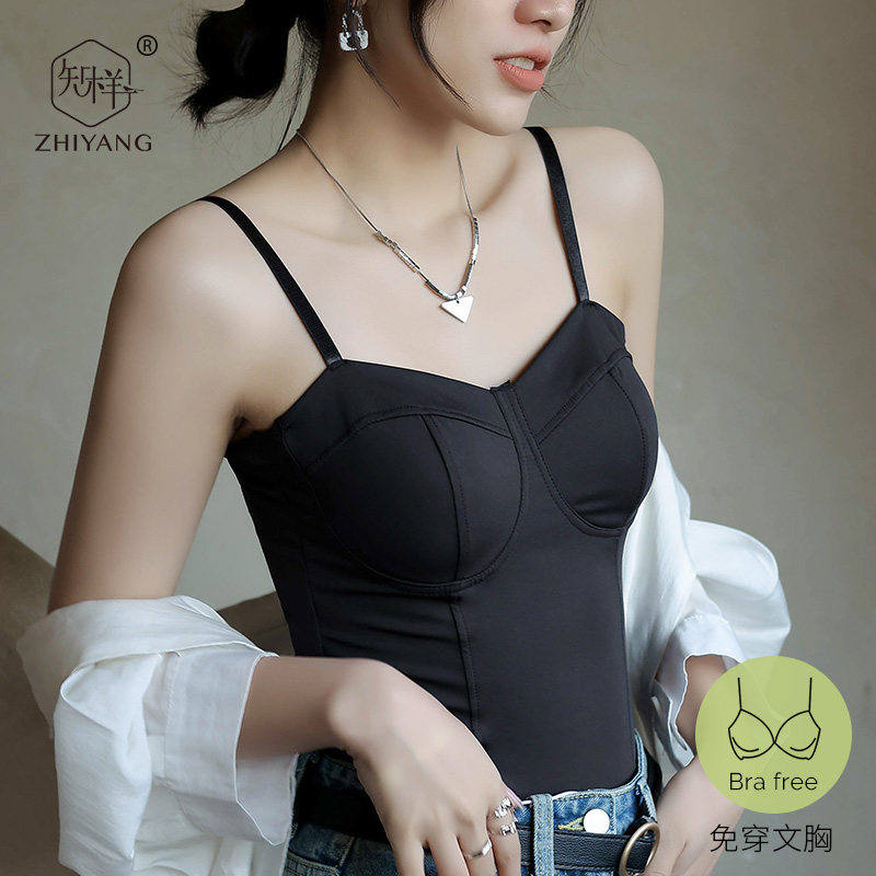 吊带背心女内搭打底黑色抹胸美背夏季薄款黑色带胸垫一体外穿上衣