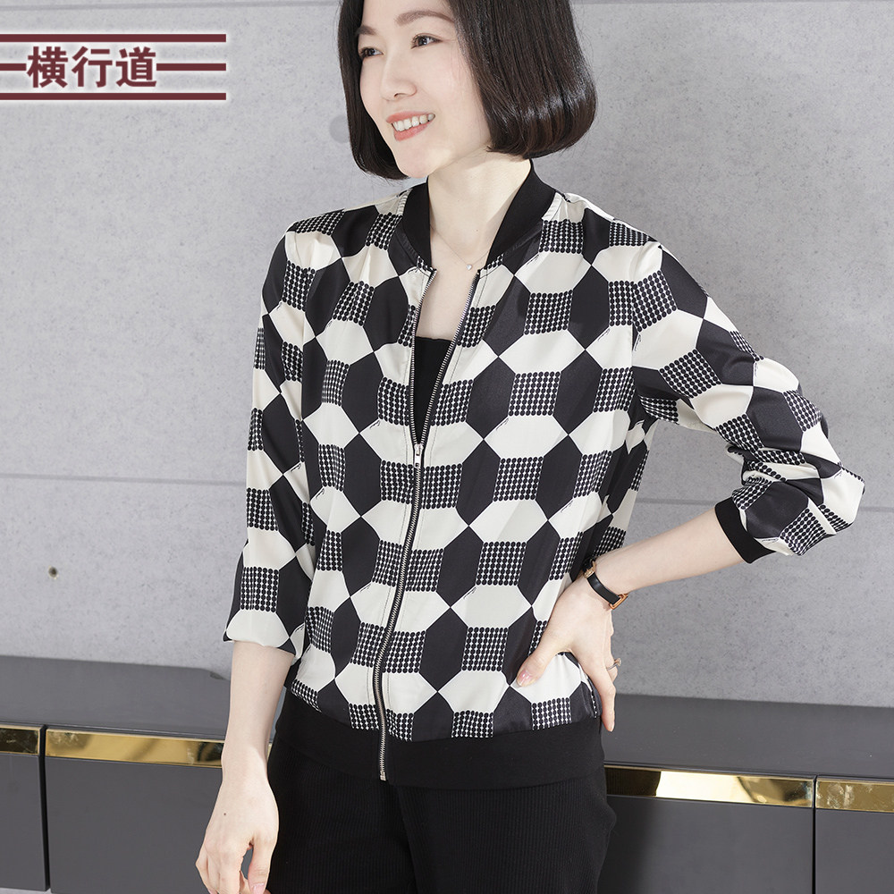 韩版大码女中年妈妈装印花宽松长袖薄款拉链外套2025春季新款上衣
