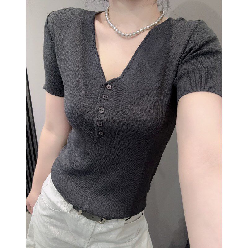 夏季纽扣V领短袖女冰丝针织衫简约百搭弹力紧身洋气纯色上衣欧货