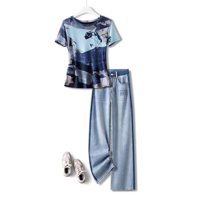 夏季蓝色系休闲套装女2025新款显瘦短袖T恤上衣阔腿牛仔裤两件套