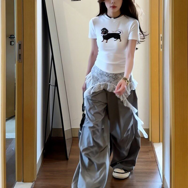 大码胖mm美式蕾丝拼接假两件工装裤女夏季宽松运动速干阔腿伞兵裤