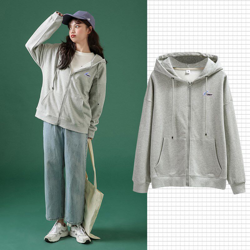 加绒拉链外套女开衫宽松韩版学生bf风春秋薄款灰色连帽卫衣上衣潮
