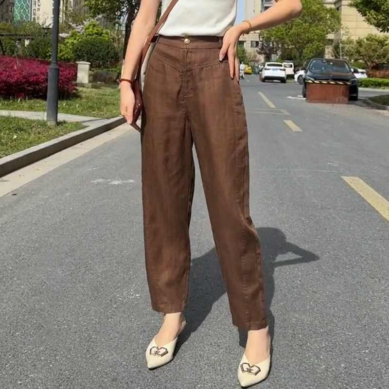 高腰棉麻哈伦裤女夏季新款妈妈复古宽松显瘦休闲九分亚麻直筒裤子