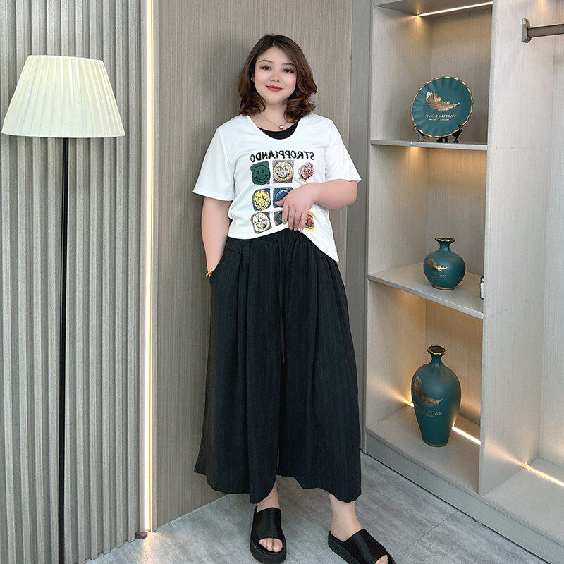 八分冰丝阔腿裤女大码夏季新款薄款胖mm宽松小个子七分慵懒风裙裤