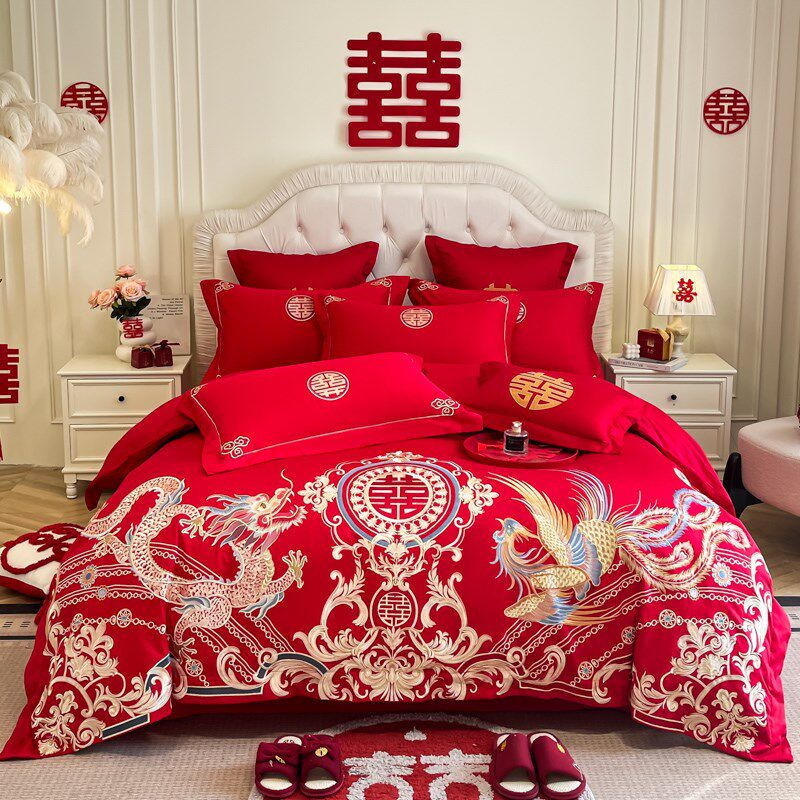 龙凤呈祥结婚四件套红色v新婚庆床单刺绣被套喜被床上用品