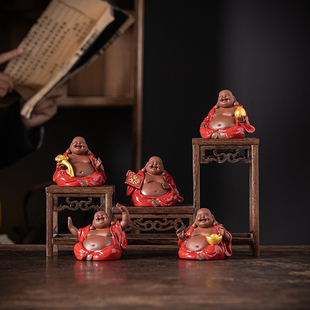 五福弥勒佛像摆件小号大肚笑佛工艺品装饰禅意中式家茶室茶桌摆设